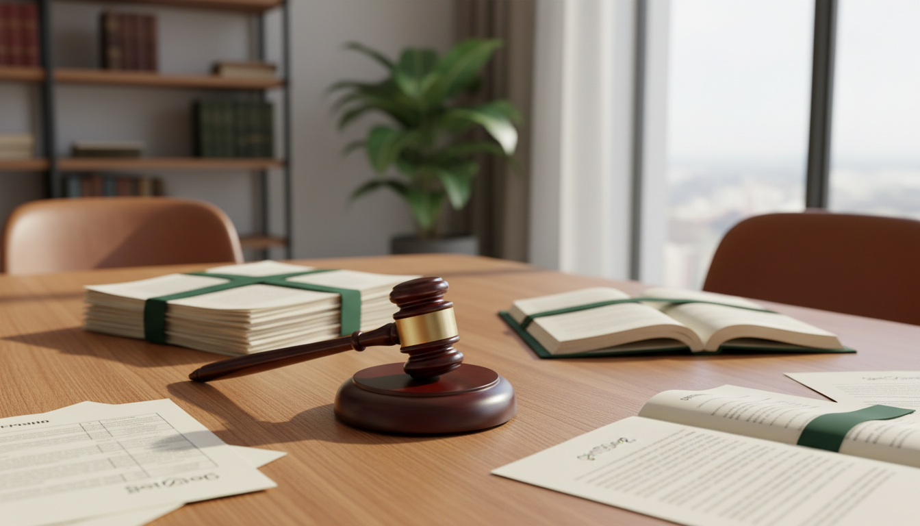 Documentos e um martelo de juiz sobre uma mesa, simbolizando a segurança do seguro garantia em contratos públicos