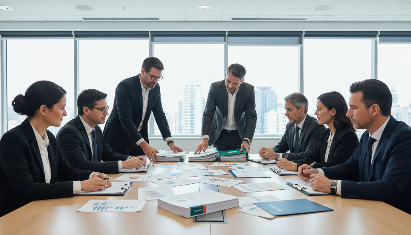 Mãos da diretoria revisando documentos sobre gestão de riscos corporativos e mercado de seguros