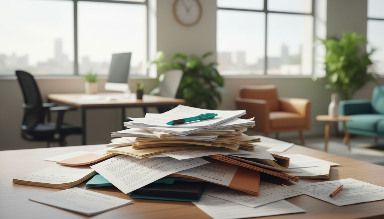 Documentos e contratos de seguros espalhados em uma mesa, simbolizando a necessidade de revisão de um seguro