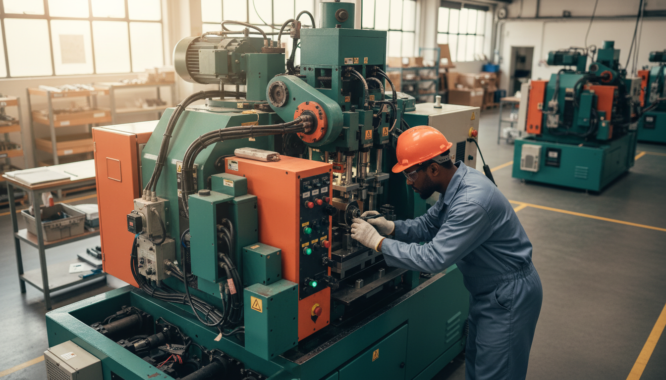 Máquina industrial parada sendo inspecionada, simbolizando a importância do seguro para equipamentos empresariais