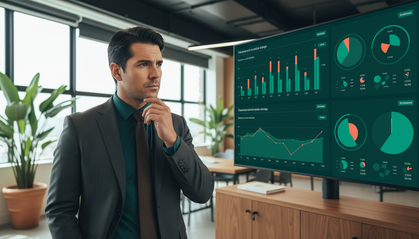 Empresário preocupado observando gráficos, simbolizando a subutilização do seguro empresarial